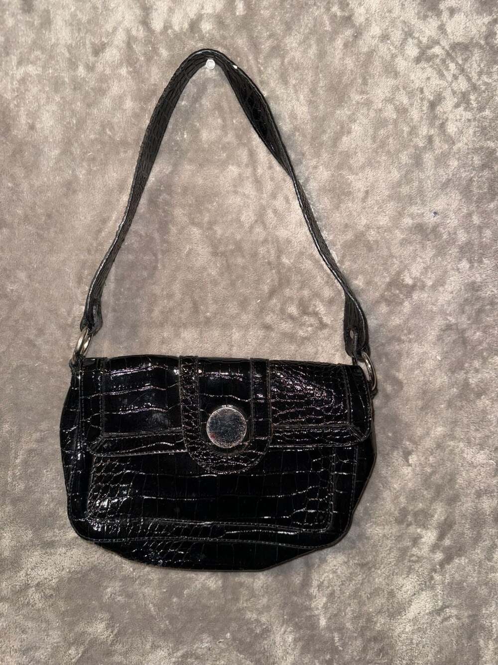 Emilie M. Black Faux Croc Textured Vegan Leather Shoulder Bag  Striped Lining
